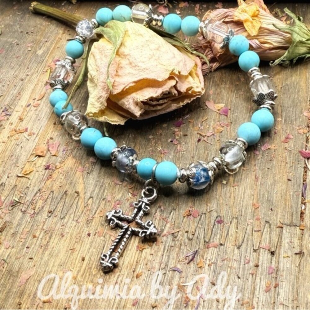 SHOULDER DUSTER + TURQUOISE Blue and brass Dangle Earrings with Intricate Design - Picture 7 of 7